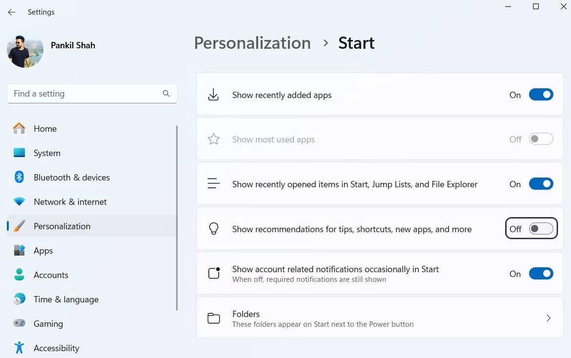 Tùy chọn Personalization cho menu Start trong ứng dụng Settings Windows 11