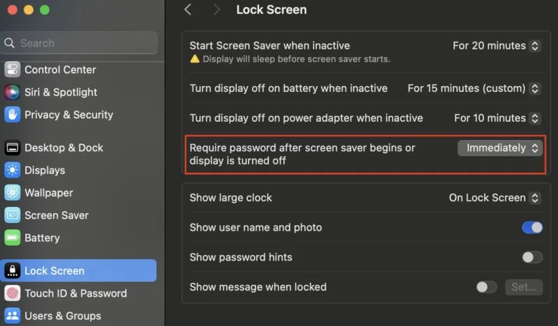 Menu màn hình khóa macOS