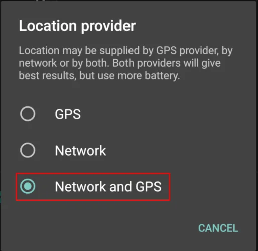 Tùy chọn 'Network and GPS' cho nguồn dữ liệu vị trí địa lý của Ulogger.