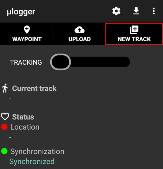 Tùy chọn 'New Track' trên ứng dụng di động Ulogger.