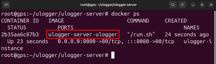 Container Docker ulogger-server đang chạy.