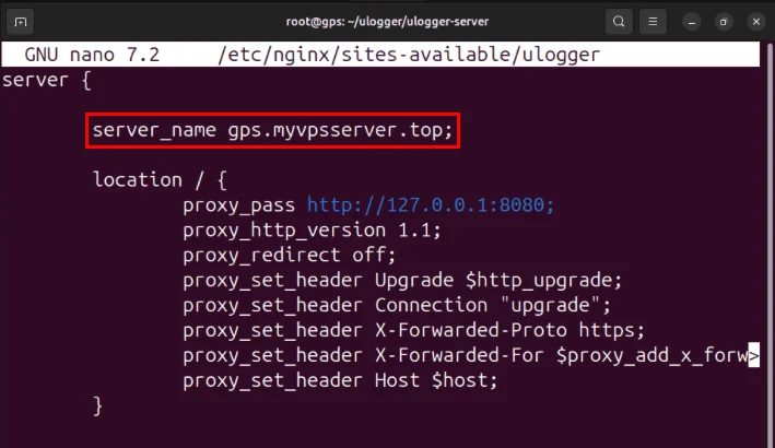 Biến server_name trên file cấu hình trang Nginx cho Ulogger.