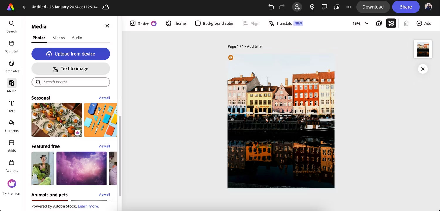 Tùy chọn upload media lên Adobe Express hoặc chọn từ ứng dụng