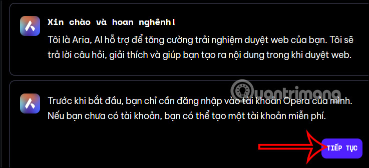 Tạo tài khoản Opera dùng chatbot Aria