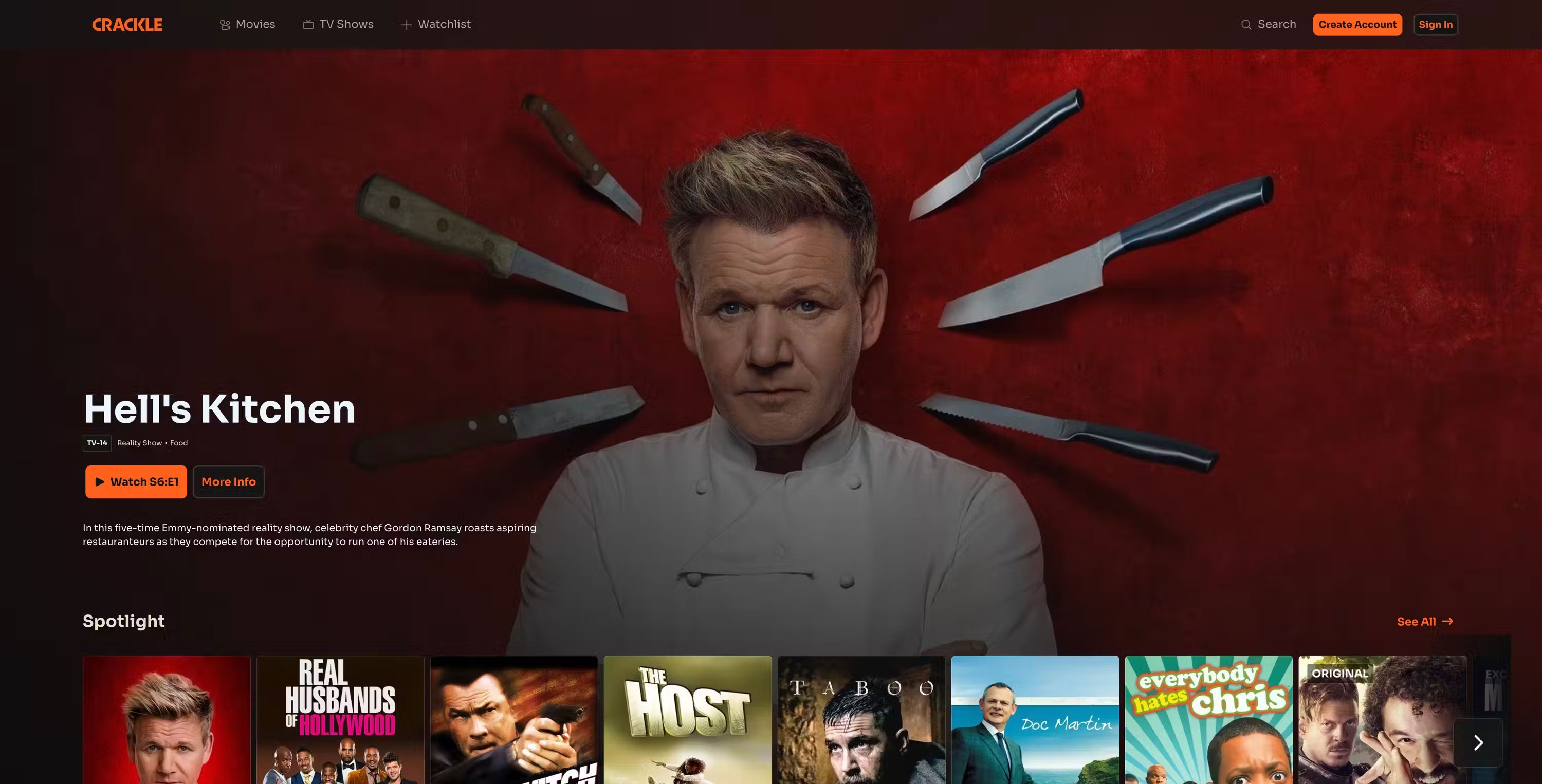 Trang chủ Crackle với quảng cáo Hells Kitchen