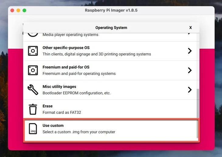 Sử dụng image tùy chỉnh trong Raspberry Pi Imager