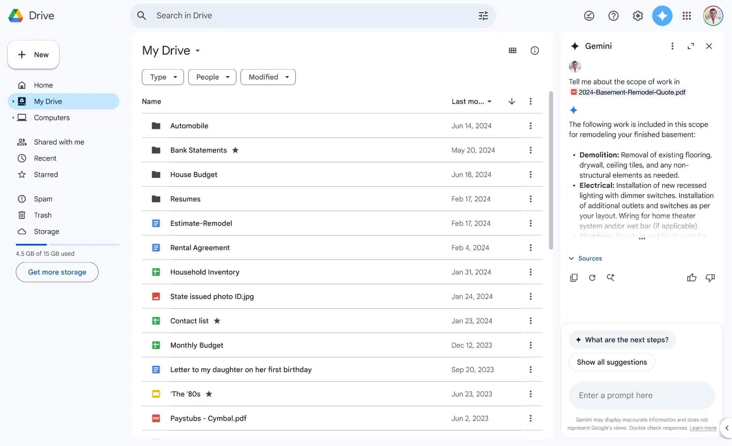 Bảng điều khiển bên Gemini mới trong Google Drive