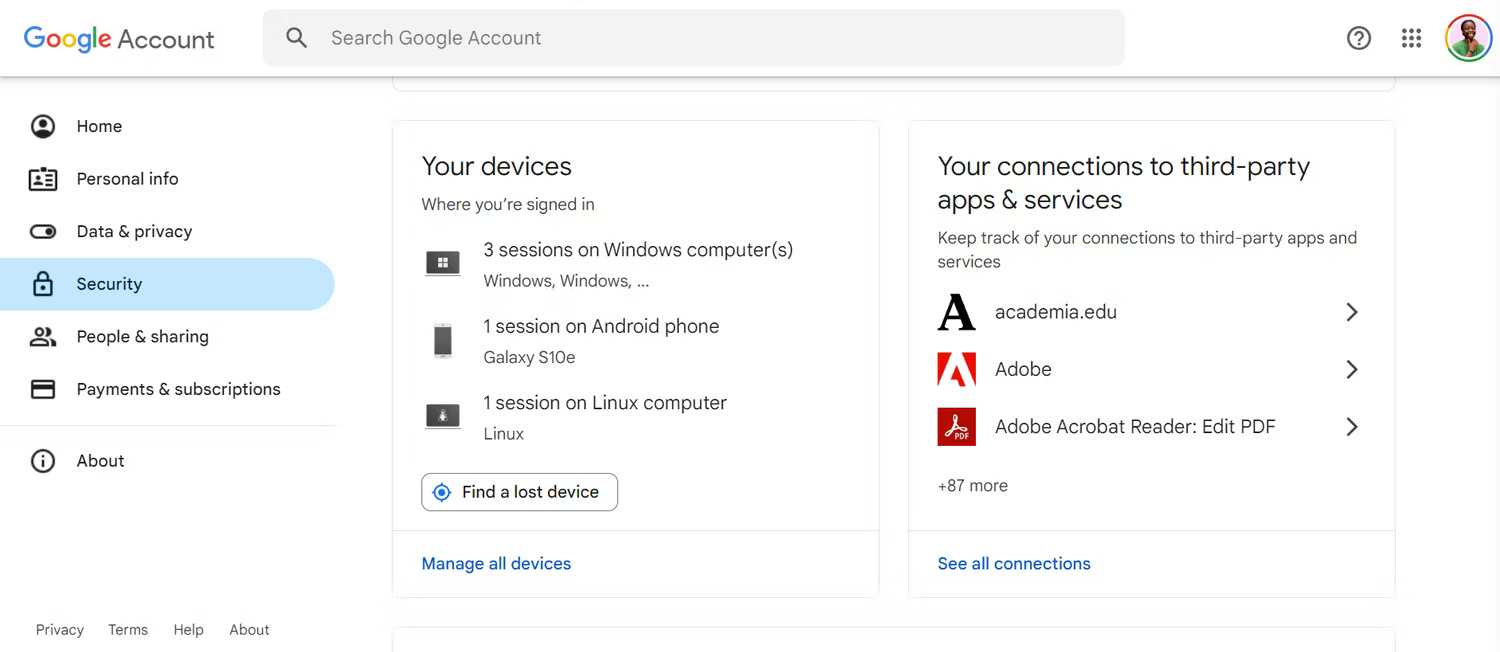 Tab kết nối với các ứng dụng và dịch vụ của bên thứ ba trong trang cài đặt Google