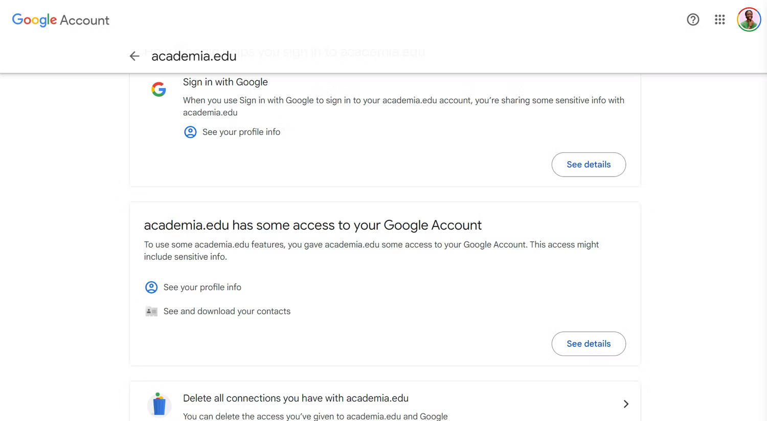 Chi tiết về kết nối academia.edu với tài khoản Google