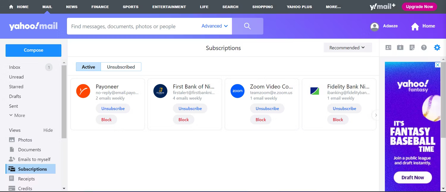 Tab Subscriptions trong Yahoo Mail