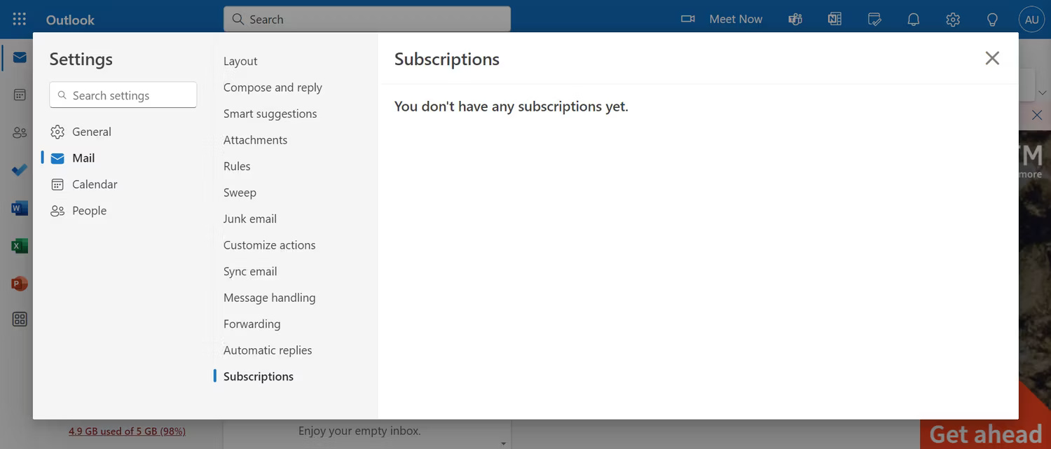 Tab Subscriptions trong Outlook