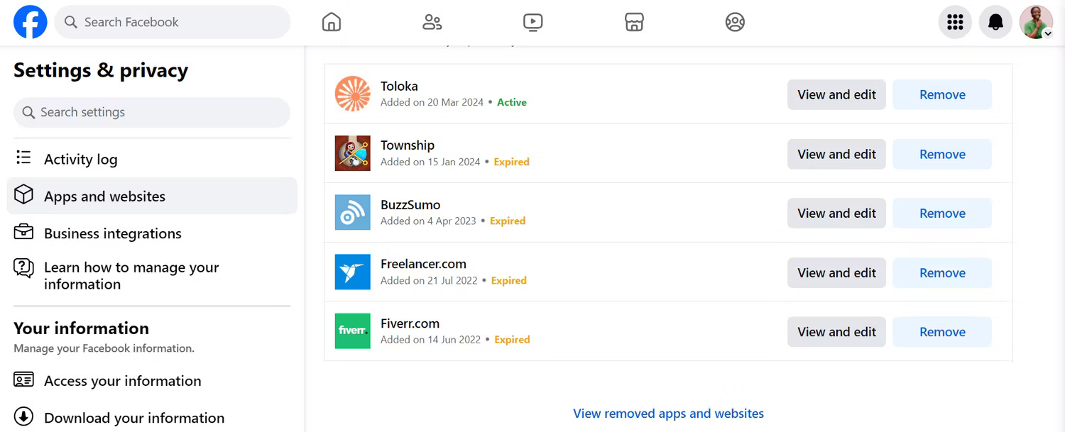 Tab Apps and website trong trang Settings & Privacy trên Facebook.com