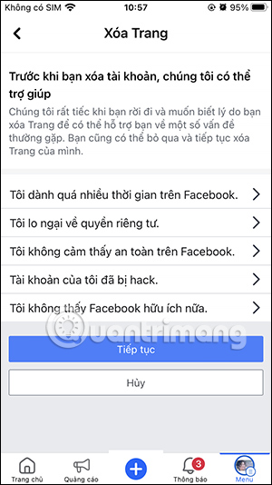 Chọn lý do xóa Trang Facebook