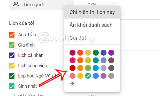 Màu sắc mục sinh nhật Google Calendar