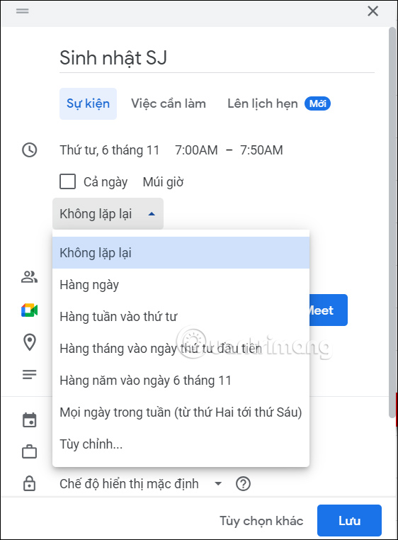 Điền thông tin sinh nhật trong Google Calendar