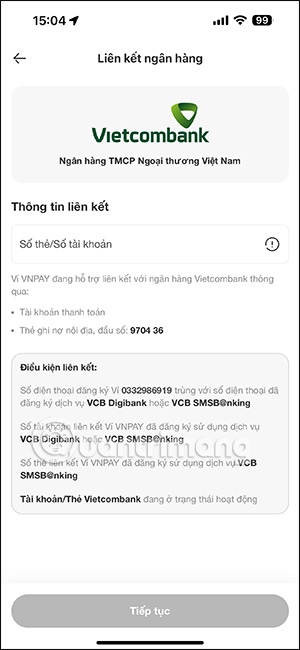 Điền thông tin ngân hàng liên kết VNPAY