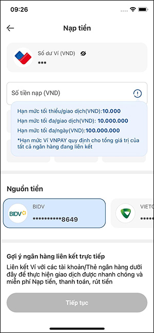 Chọn nguồn tiền nạp vào VNPAY