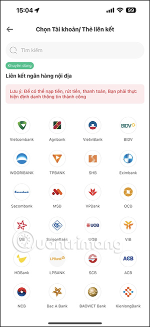 Chọn ngân hàng liên kết VNPAY