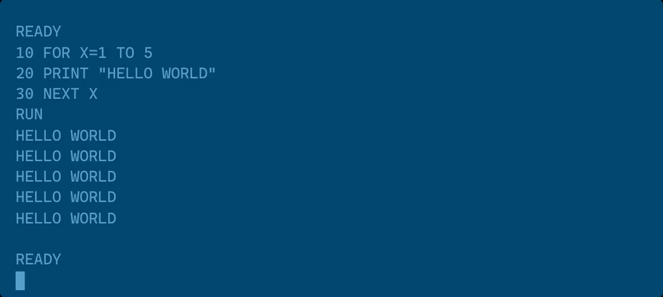 Ví dụ code BASIC in cụm từ “Hello World” 5 lần