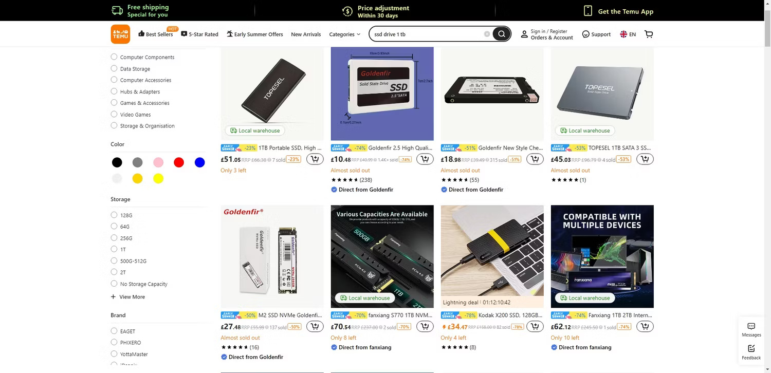 SSD giá rẻ không tên tuổi trên Temu