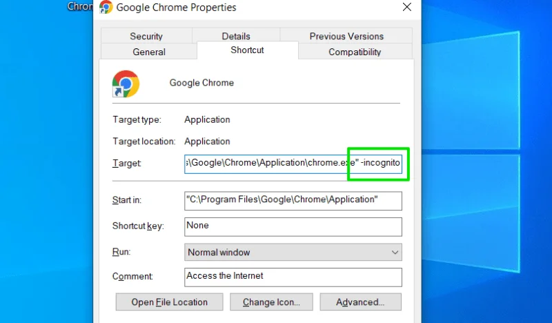 Chỉnh sửa shortcut chế độ ẩn danh Chrome