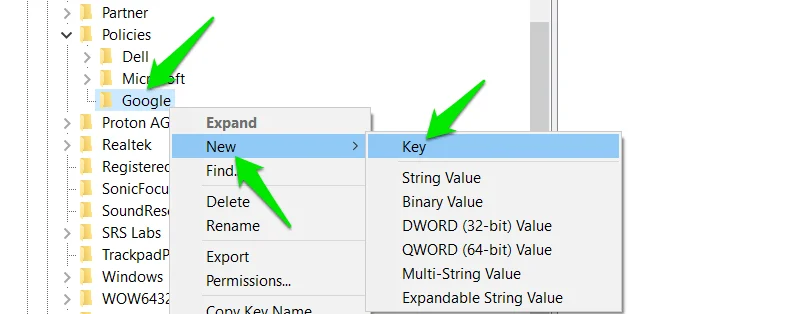 Tạo mục registry Chrome