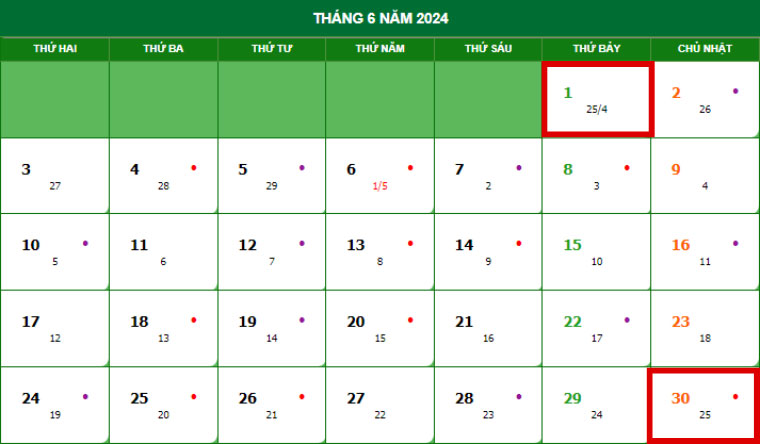 Tháng 6/2024 dương lịch