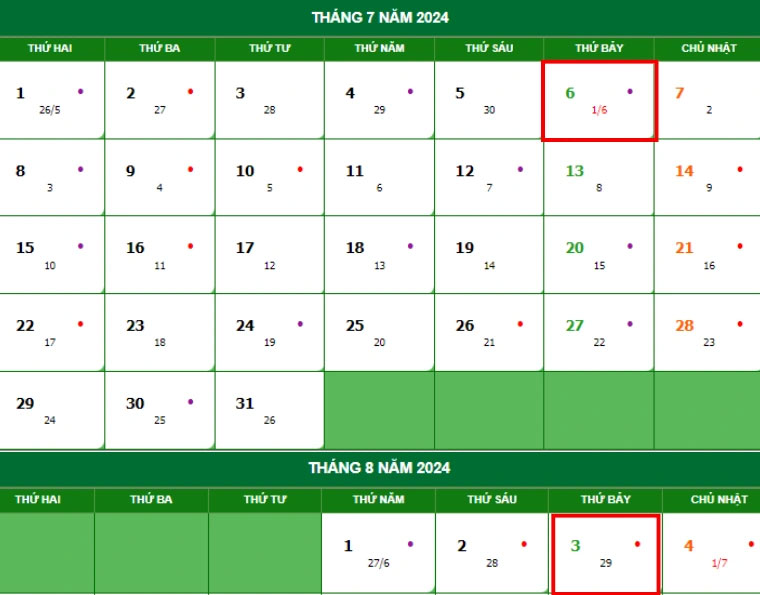 Lịch tháng 6 năm 2024 âm lịch