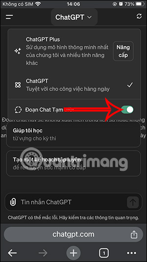 Kích hoạt chat tạm thời ChatGPT-4o