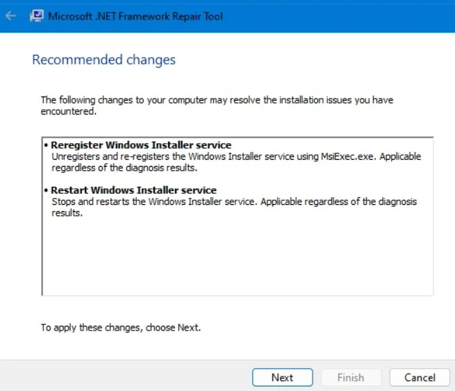 Chạy công cụ Microsoft .NET Framework Repair với các thay đổi được đề xuất.