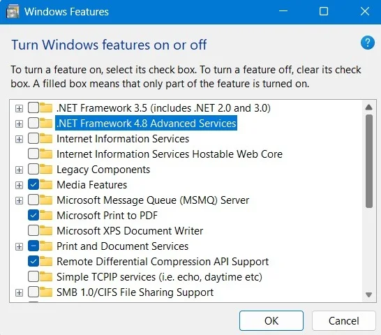 Bỏ chọn các tùy chọn .NET trong Turn Windows Features On or Off