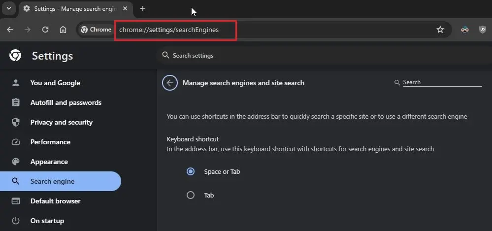 Mở trang Search Engine trong Chrome