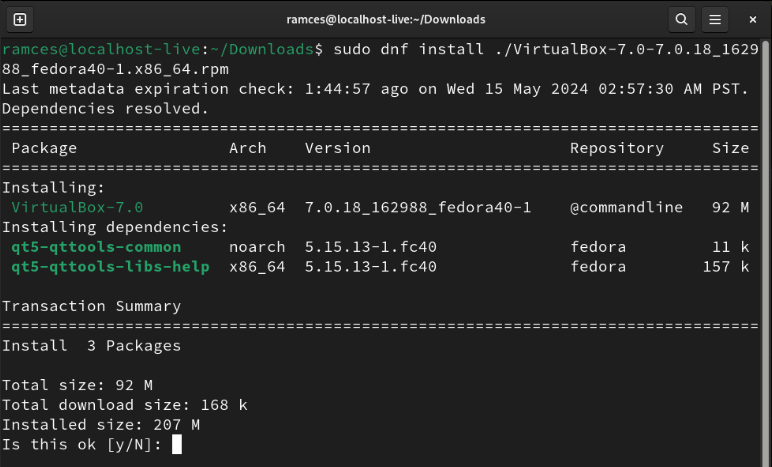 Terminal hiển thị quá trình cài đặt DNF cho các file RPM.
