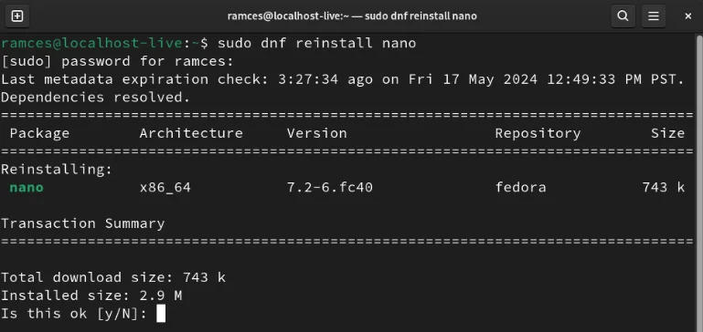 Terminal hiển thị quá trình cài đặt lại GNU Nano trong DNF.