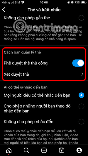 Chỉnh chế độ tag thẻ tên Instagram