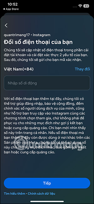 Nhập số điện thoại bảo mật Instagram 2 lớp