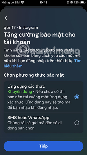 Chọn cách thức bảo mật Instagram 2 lớp