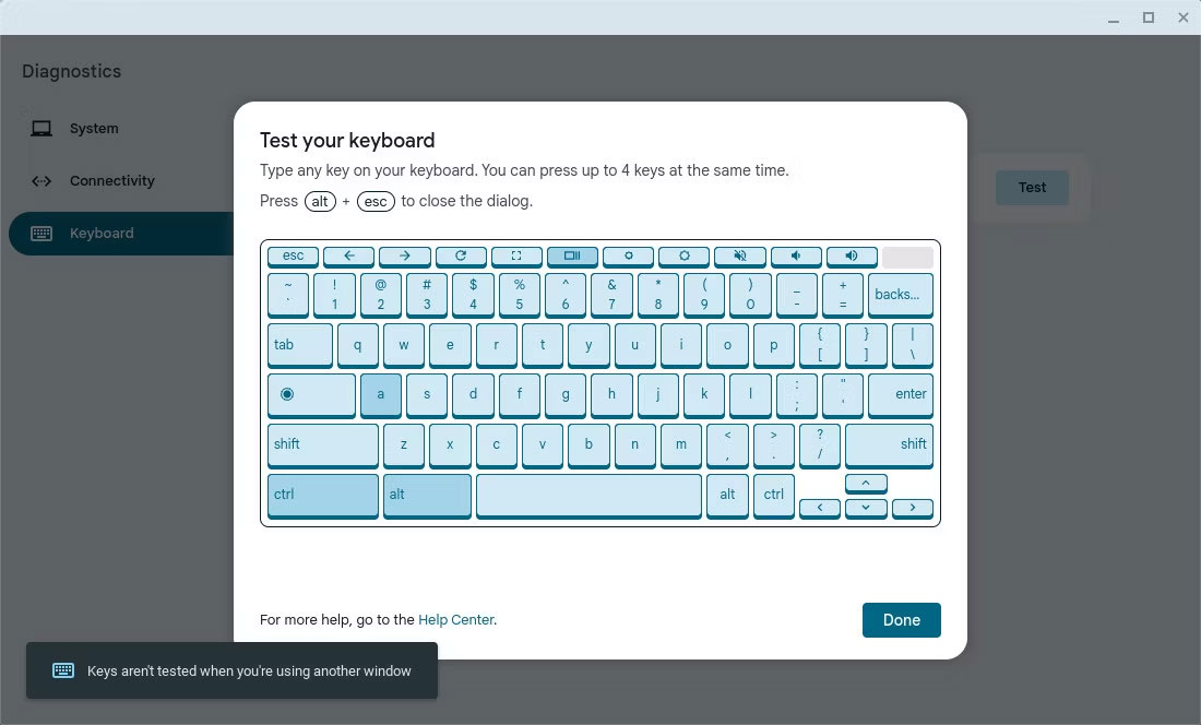 Kiểm tra chức năng bàn phím thông qua ứng dụng chẩn đoán Chromebook