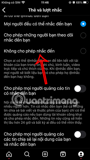 Không cho phép tag tên @ Instagram