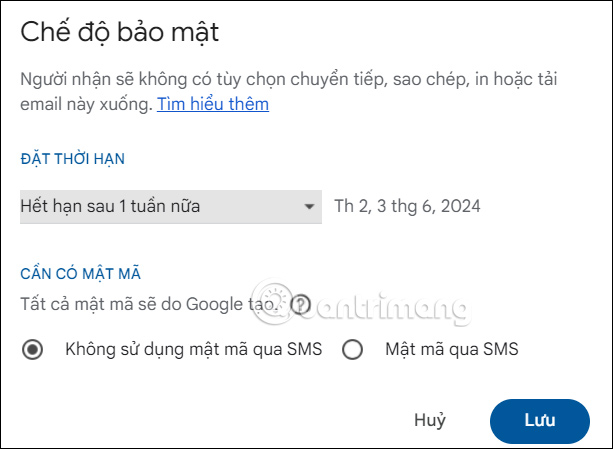 Giao diện chế độ bảo mật trên Gmail PC