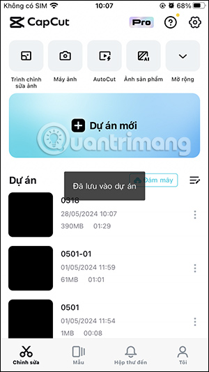 Dự án mới trên CapCut
