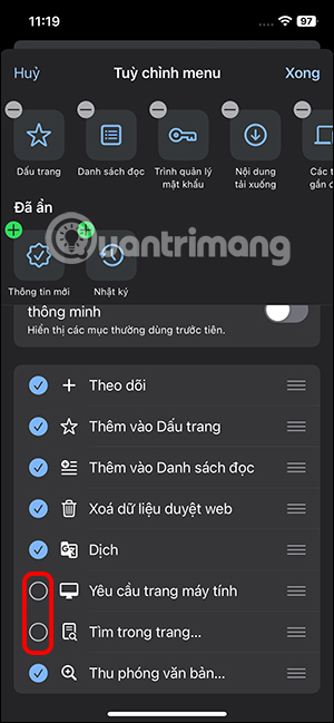 Ẩn hành động trong menu Chrome 