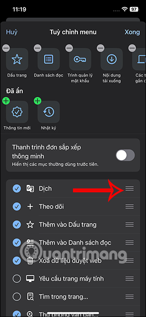 Đổi thứ tự hành động trong menu Chrome 