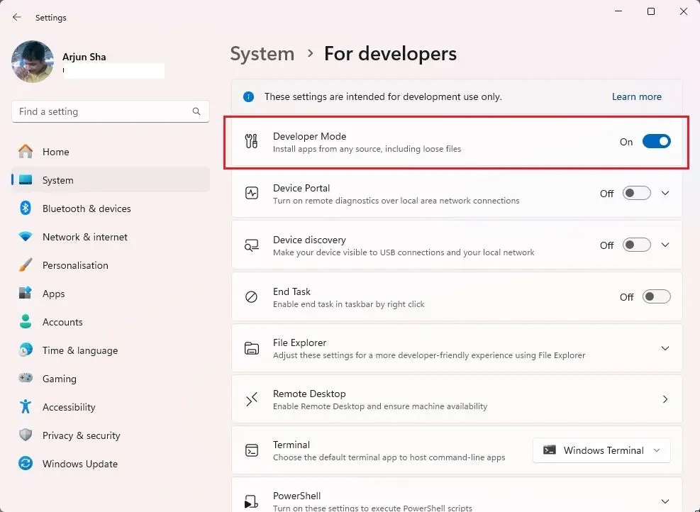 Bật Developer Mode
