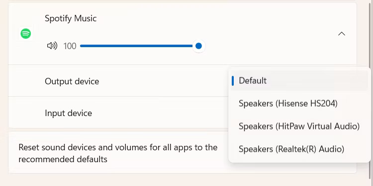 Chọn thiết bị đầu ra khác cho Spotify trong ứng dụng Settings trên Windows 11