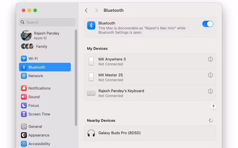 Menu cài đặt Bluetooth trong macOS hiển thị Galaxy Buds Pro trong Nearby Devices