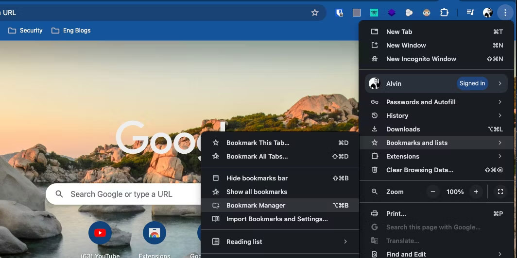 Tùy chọn quản lý bookmark trong Google Chrome