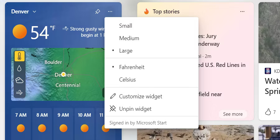 Các tùy chọn của widget thời tiết trên Windows 11.
