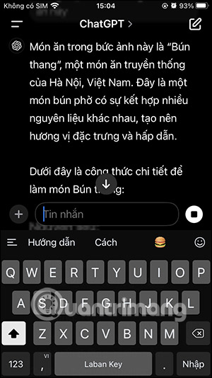 Nội dung công thức món ăn trên ChatGPT