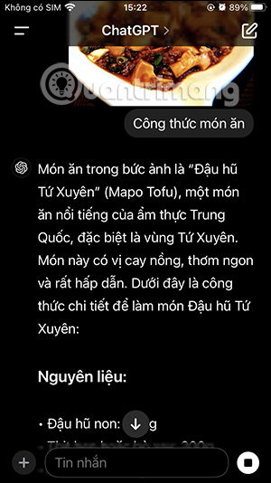 Tìm công thức nấu ăn trên ChatGPT